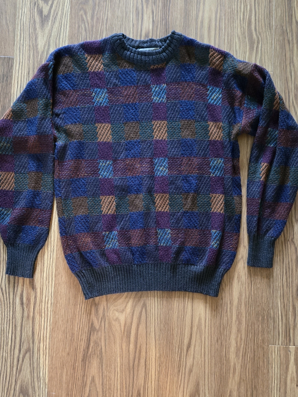 Vintage Mens Multicolor Check Knit Sweater - Blue, Purple & Brown